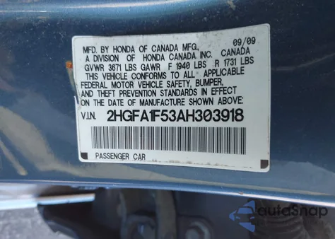 2010 Honda Civic Lx from USA, damaged, VIN 2HGFA1F53AH303918